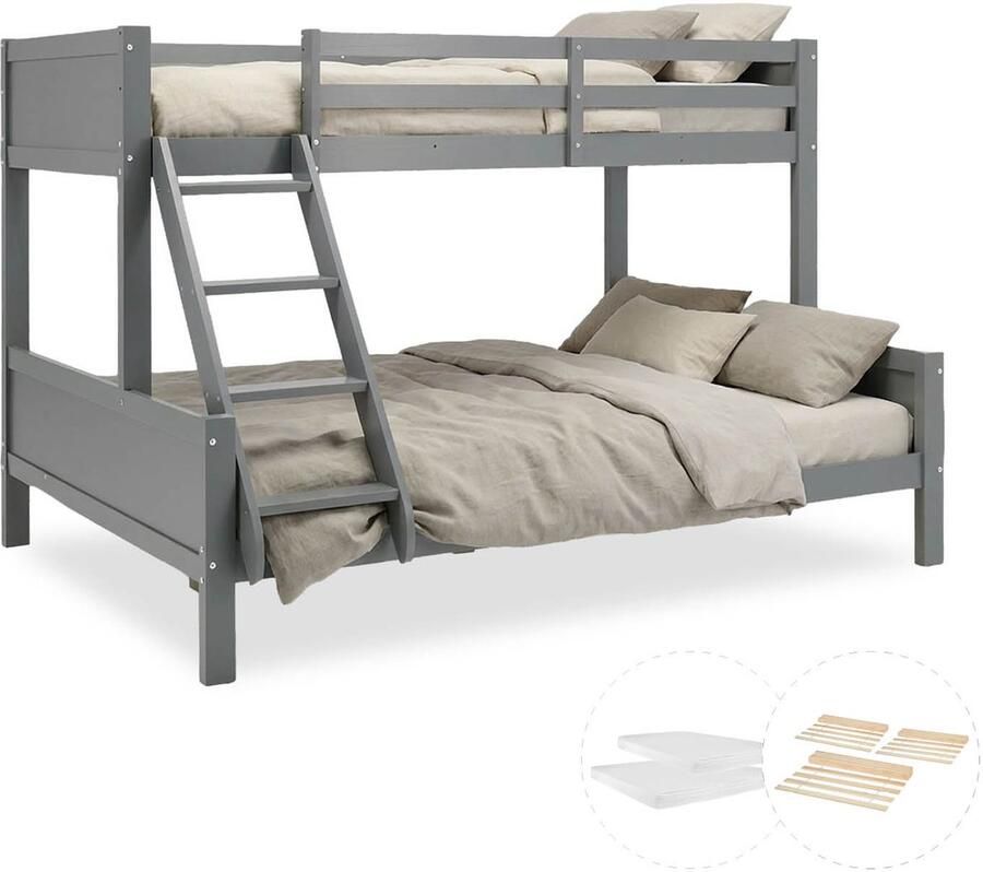 Homestyle4u Stapelbed Kinder 90x200 en 140x200 cm Hoogslaper met 2 matrassen grijs