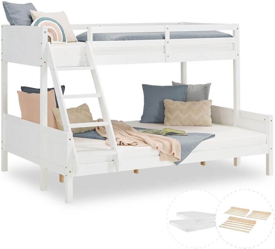 Homestyle4u Kinderbed 90x200 en 140x200 cm hoogslaper met 2 matrassen wit