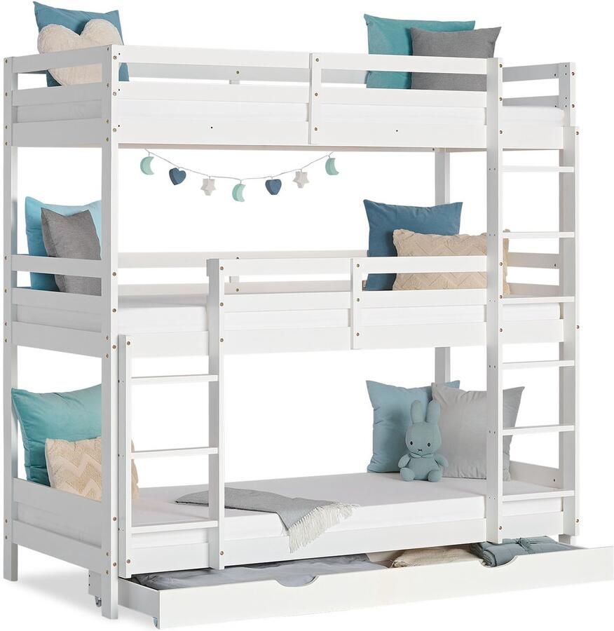Homestyle4u Kinderbett Etagenbett 90x200 cm Dreifachbett Hochbett mit Bettkasten Weiß Holz