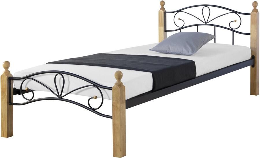 Homestyle4u Metalen bed 90x200 cm Zwart Naturel Lattenbodem