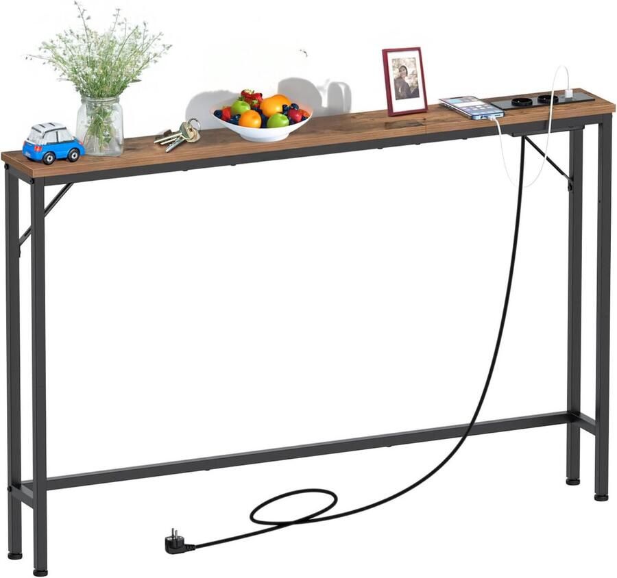 Homesy Consoletafel Wandtafel Haltafel met lades 15 cm smalle consoletafel met laadstation industrieel design moderne salontafel met stabiel stalen frame voor woonkamer hal kantoor (vintage bruin 120 x 15 x 80 cm (d x b x h)