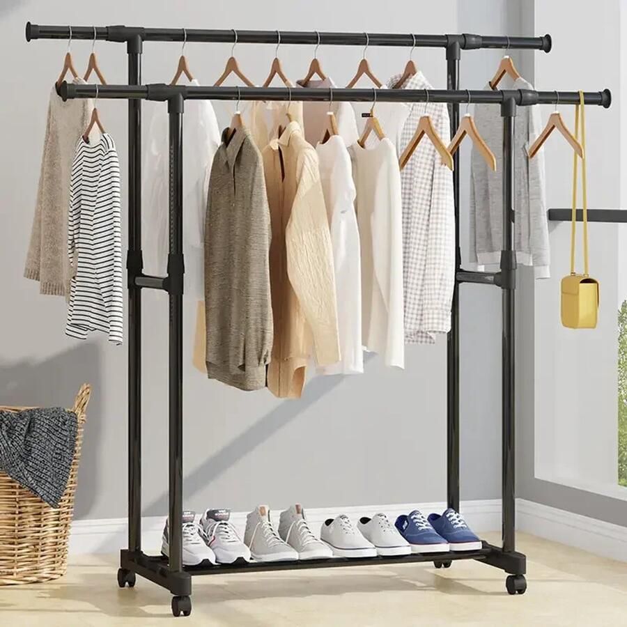 Homesy Kledingrek zwart verstelbaar tot 150 x 42 x 155 CM Kleding rek met wieltjes Kledingrek met schoenenrek Opbergrek voor kleding Garderoberek slaapkamer Kledingrek met haken Kledingrek Garderoberek staand