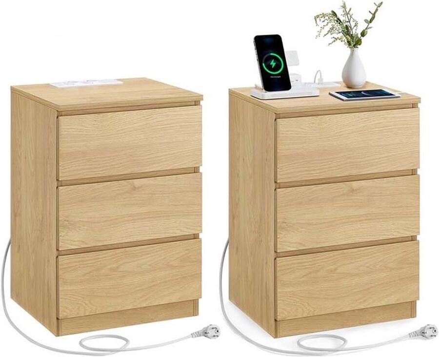 Homesy Nachtkastje set van 2 Slaapkamer Modern Ebbenhout Strogeel 3 lades Met stopcontact