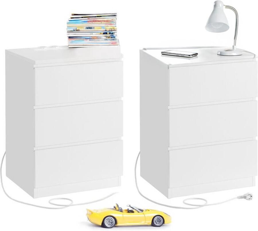 Homesy Nachtkastje set van 2 Slaapkamer Modern Ebbenhout Wit 3 lades Met stopcontact