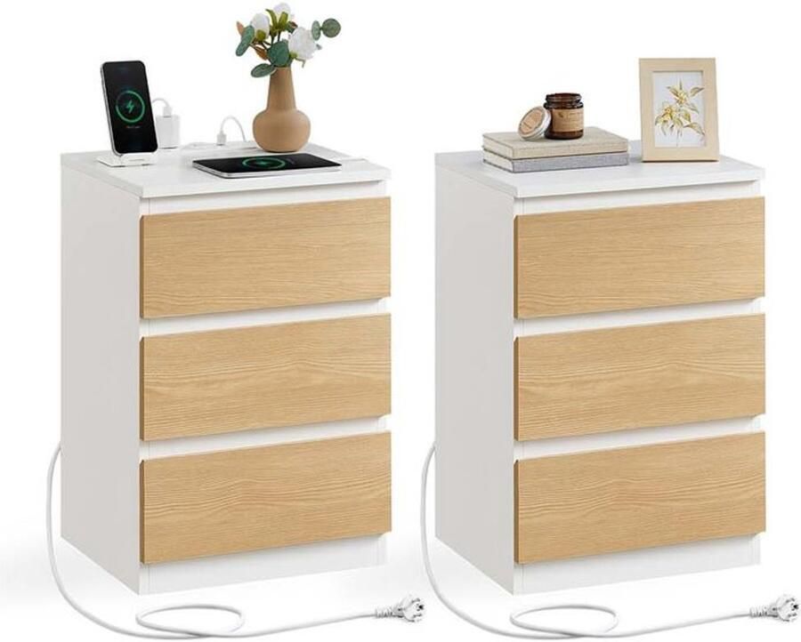 Homesy Nachtkastje set van 2 Slaapkamer Modern Ebbenhout Wolkenwit Strogeel 3 lades Met stopcontact