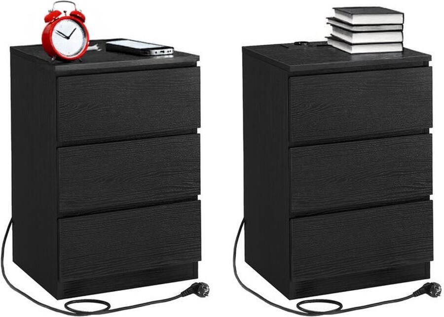 Homesy Nachtkastje set van 2 Slaapkamer Modern Ebbenhout zwart 3 lades Met stopcontact