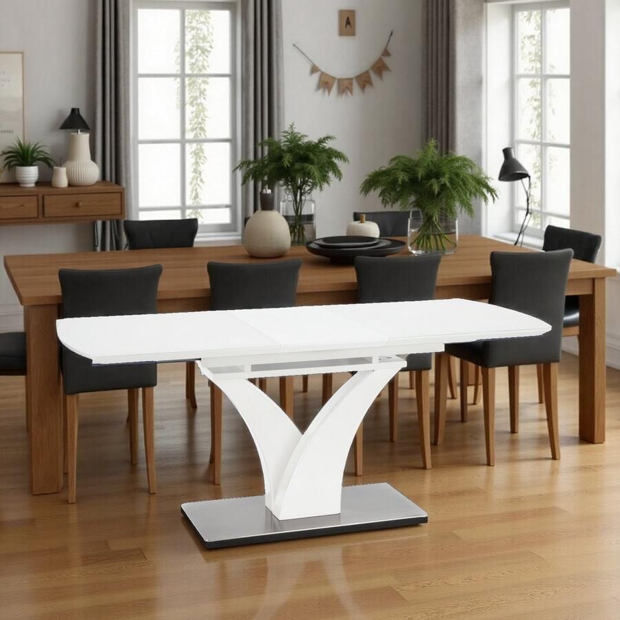 Hometotry Eleganza Uitschuifbare Eettafel – Wit – 140-180 x 80 x 75 cm – Robuust Stalen Onderstel – 6 Personen – Modern Design & Eenvoudig Schoon te Maken