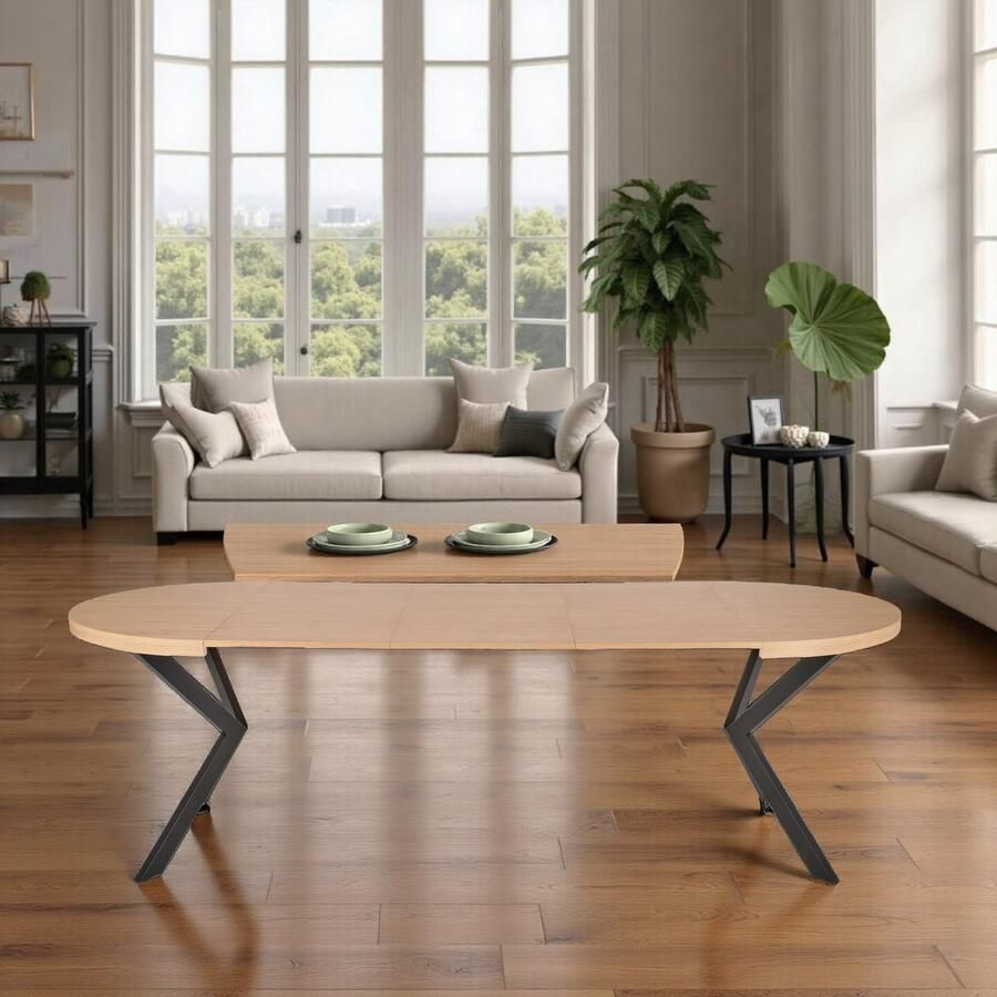 Hometotry Luxe Uitschuifbare Eettafel Ovaal – Zwart Houtfineer & Stalen Frame – 100-250 x 100 x 75 cm – 2 t m 8 Personen – Moderne Design Tafel voor Eetkamer & Keuken