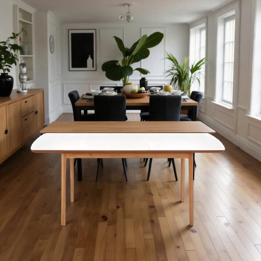 Hometotry Luxe Uitschuifbare Eettafel – Wit Houten Tafelblad met Massief Frame – 6 Personen – Rechthoekige Eettafel 140–185 x 80 x 75 cm – Moderne Design Tafel voor Eetkamer & Keuken