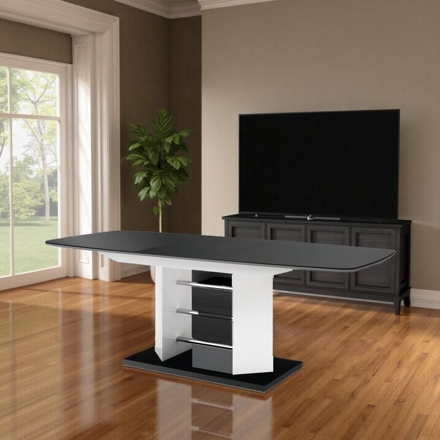 Hometotry Luxe Uitschuifbare Eettafel Zwart Hoogglans – 160-256 cm – 10 Personen – Moderne Design Eettafel met Verlengbaar Blad en Stevig Onderstel – Rechthoekige Tafel voor Eetkamer & Keuken