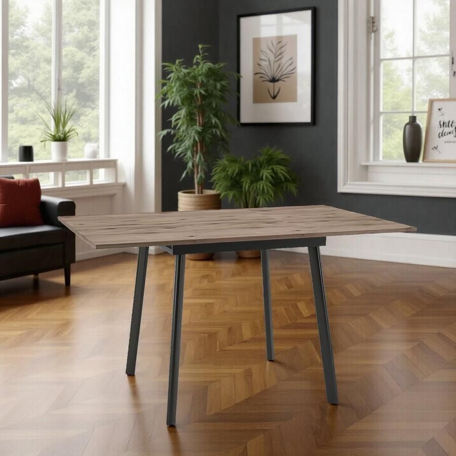 Hometptry Uitschuifbare Vierkante Eettafel Ranchicourt Natuurlijk Eiken Hout Fineer Metaal Frame 4 Personen Stijlvol & Praktisch 100-140x100x76 cm hometotry