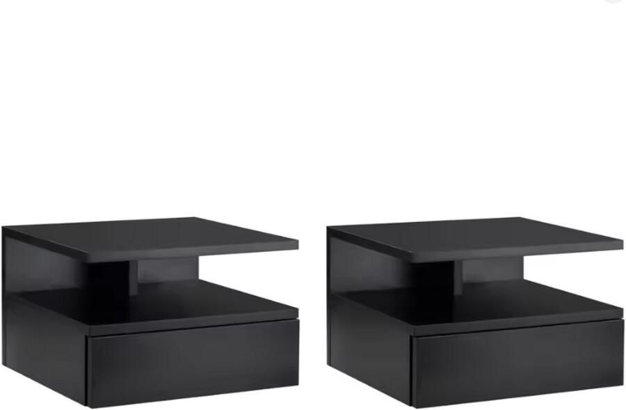 Homevida Homvida Set van 2 Zwevende Nachtkastjes met Lade – Wand Nachtkastje met Open Plank – Modern Zwart Design – Ruimtebesparend & Stijlvol