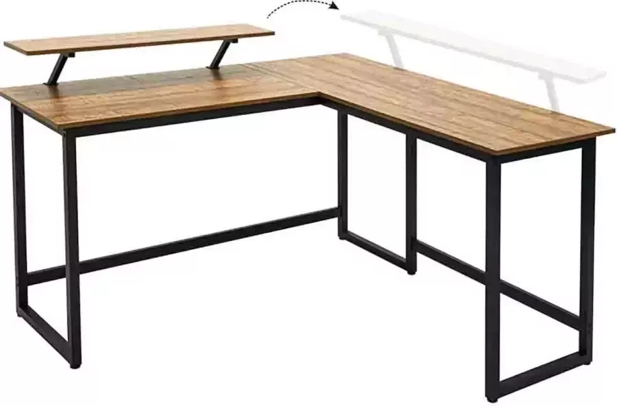 Homfa Hoekbureau Industrieel 3-Delig Computertafel Afneembaar Monitorstandaard L-Vormig Zwart Bruin 140 x 130 x 76 cm