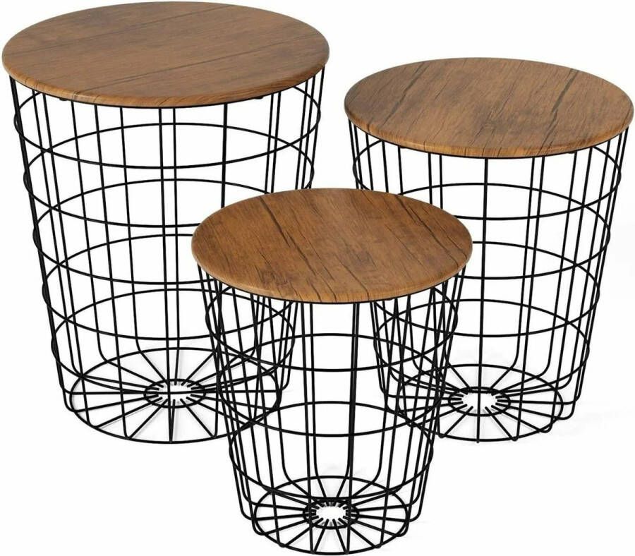 Homfa Home Bijzettafels Set Van 3 Mandontwerp Metaal Koffietafel Bijzettafel Salontafel Eikenhout Zwart