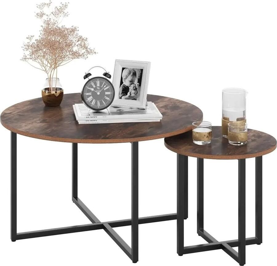 Homfa DHN Set van 2 houten salontafels Bijzettafels Koffietafels Woonkamer meubels Metalen Poten 80Cm 42Cm
