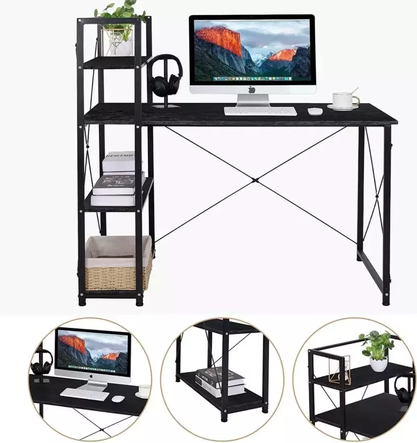 Homfa Industriële Bureau tafel met 4 opbergvakken 3 in 1 computer bureau vintage Look Computertafel Zwart