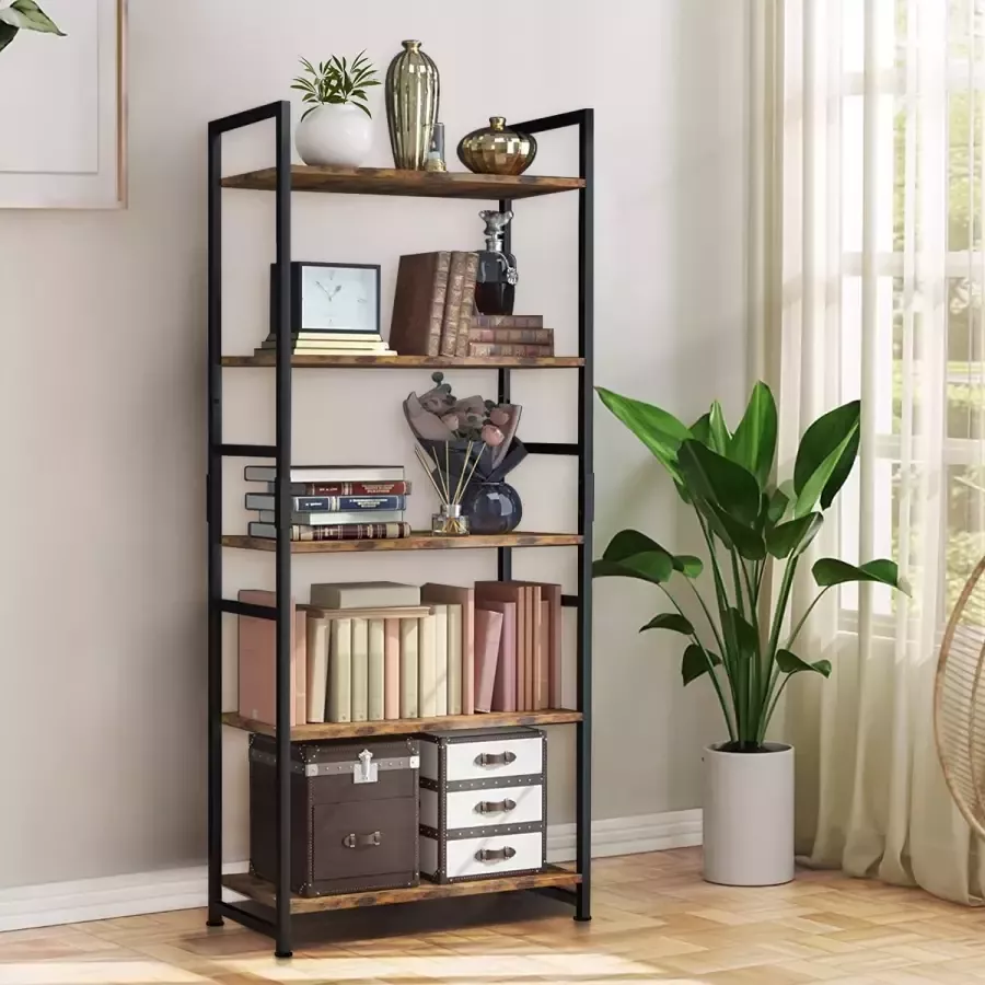 Homimaster Boekenkast Boekenrek Industriële Boekenplank met 5 Planken Vakkenkast voor Woonkamer Kantoor en Keuken Vintage Bruin en Zwart 56x38 5x171 CM - Foto 2