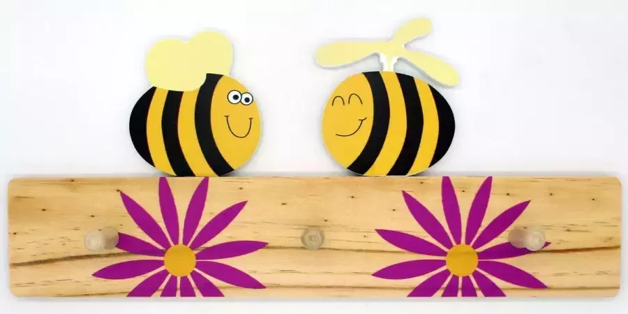 Homium kinderkapstok Bijen en bloemen Hout 3 Haakjes Incl. bevestigingsmateriaal kapstok kinderen Decoratie Kinderkamer Wandkapstok