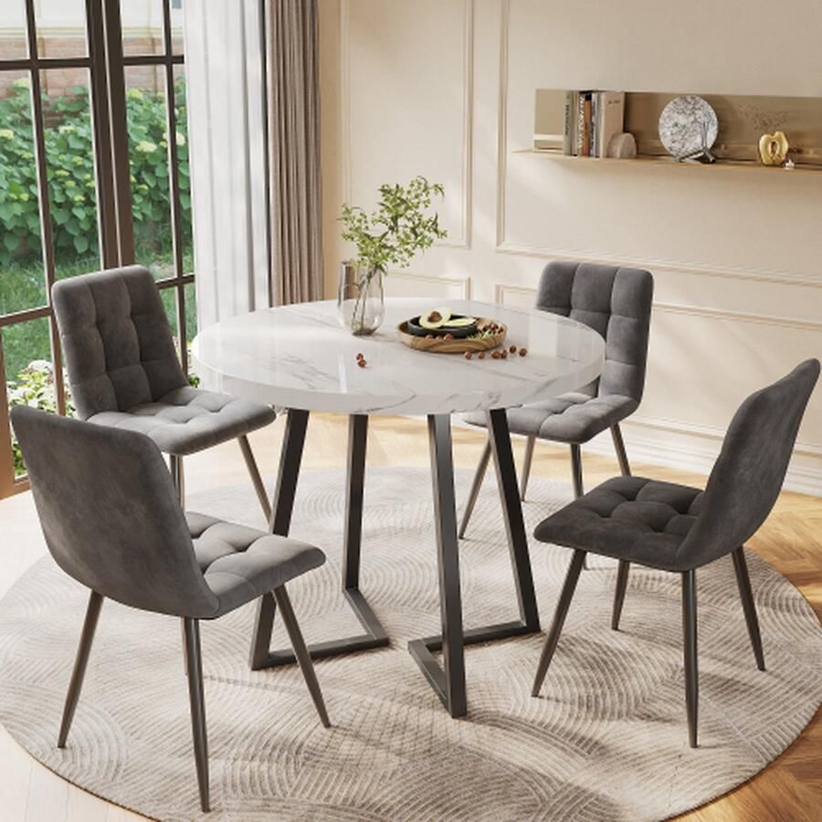 Homy Casa Eettafel set (5-delig) moderne eettafel set met 4 stoelen keukentafel set ronde keukentafel met 80 cm diameter zwart metalen poten wit MDF tafelblad donkergrijs fluwelen stoelen