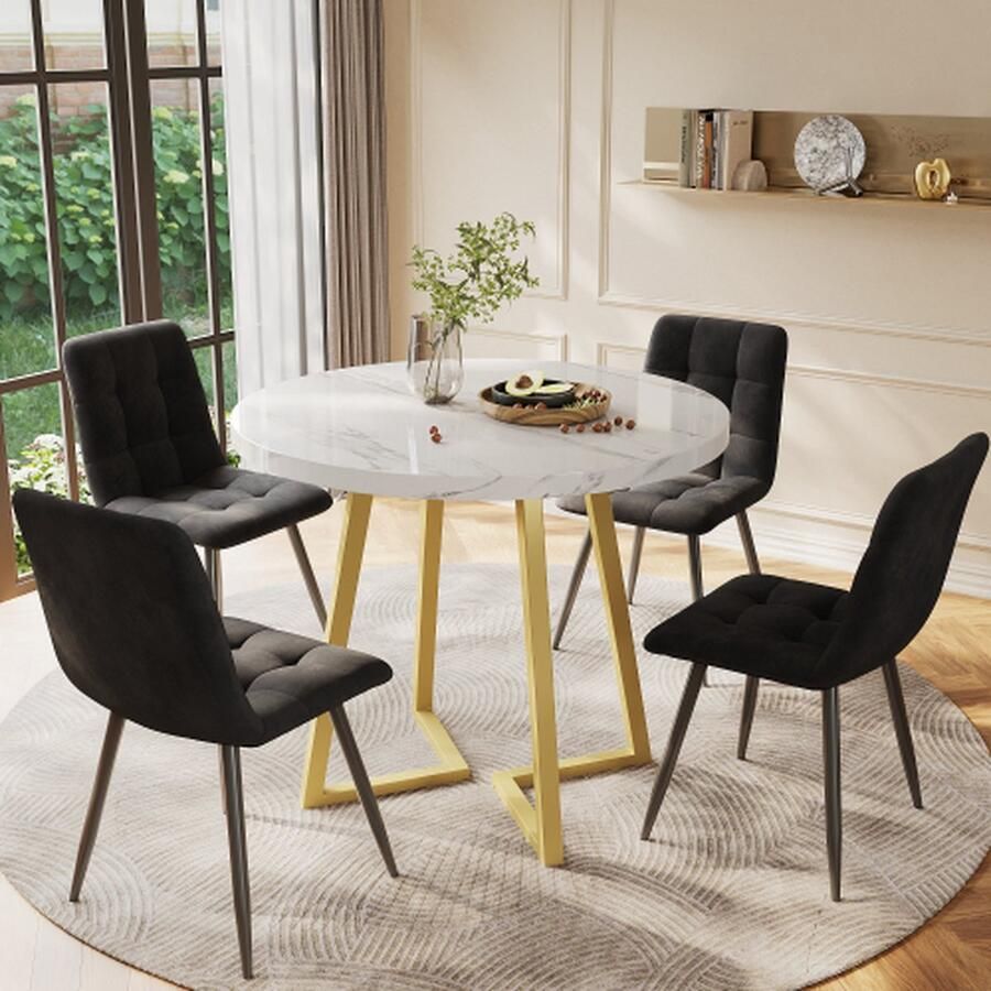 Homy Casa Eettafel set (5-delig) moderne eettafel set met 4 stoelen keukentafel set ronde keukentafel met 80 cm diameter gouden metalen poten wit MDF tafelblad zwart fluwelen stoelen