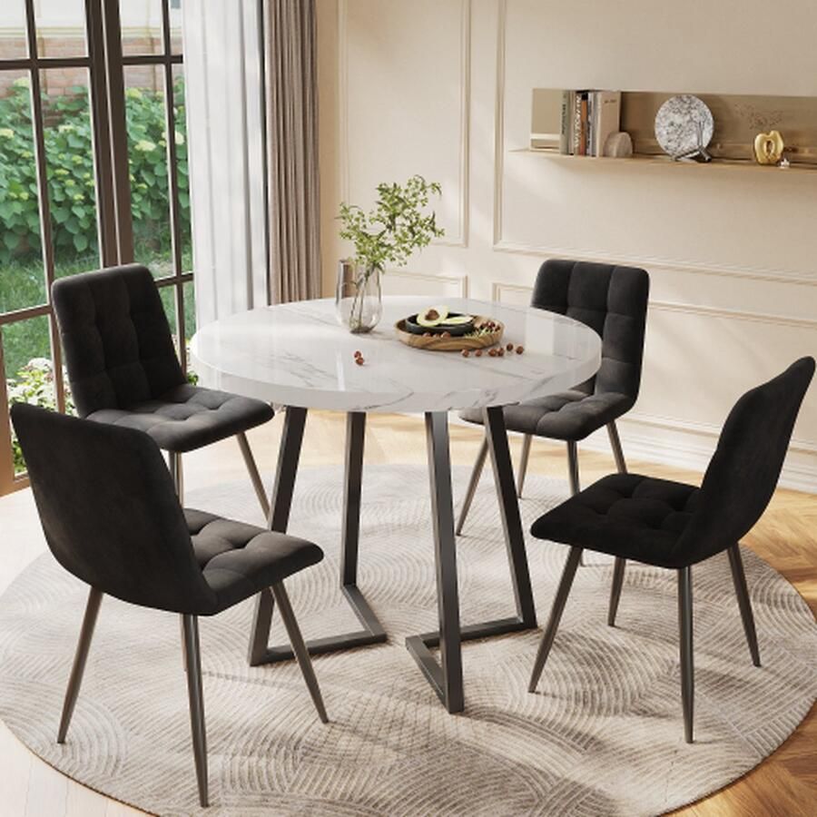 Homy Casa Eettafel set (5-delig) moderne eettafel set met 4 stoelen keukentafel set ronde keukentafel met 80 cm diameter zwart metalen poten wit MDF tafelblad zwart fluwelen stoelen