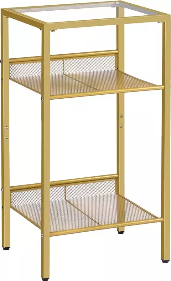Merkloos Bijzettafel goud telefoontafel 3 verdiepingen nachtkastje met plaat van gehard glas en rooster salontafel voor woonkamer slaapkamer goudkleurig