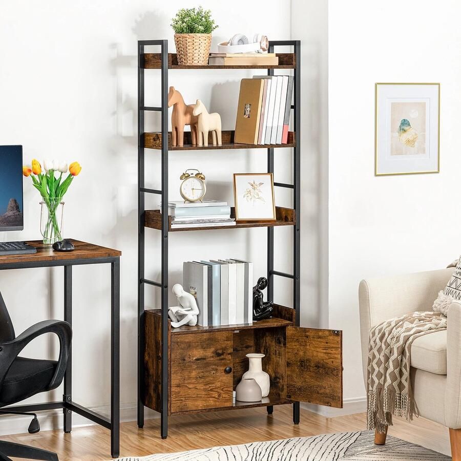 HOOBRO Kast Boekenkast Woonkamerkast 4 Lagen Met 2 Gesloten kastjes Met beschermende rails Hout Industrieel - Foto 2