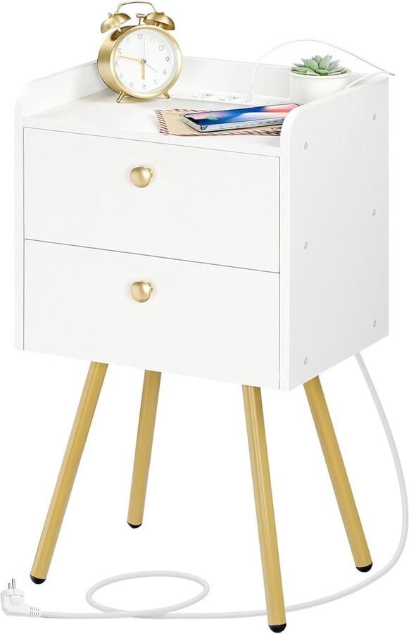 HOOBRO Nachtkastje met Laadstation 2 Lades Open Vak Wit Goud