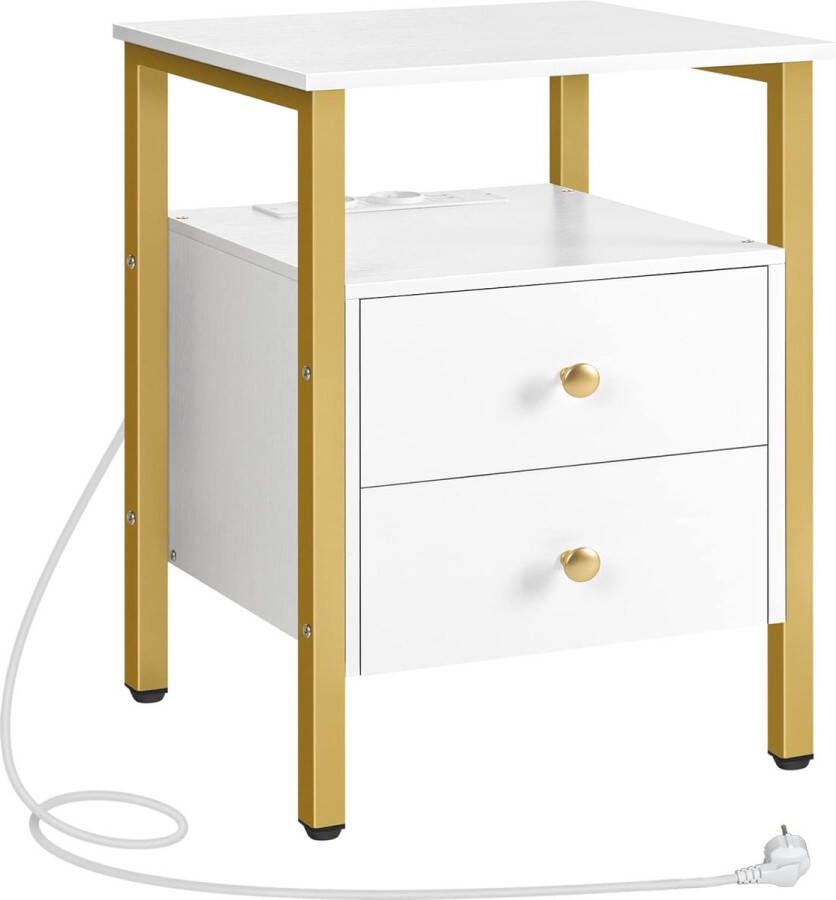 HOOBRO Nachtkastje met stopcontact en USB-poort salontafel met laden en opbergplank voor kleine ruimte woonkamer slaapkamer eenvoudige montage wit en goud EDW43CBZ01G2