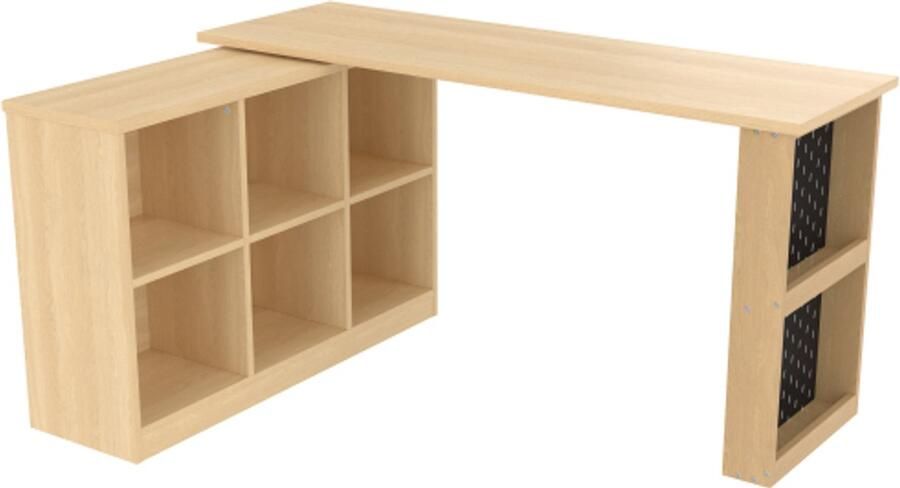 Hoomall 140 x 104 x 75 cm Multifunctionele kantoortafel opbergkast met zes compartimenten + plank breed en dik bureaublad Draaibaar bureaublad natuurlijk