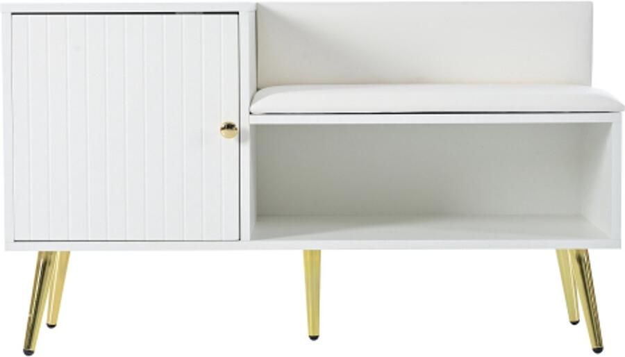 Hoomall Schoenenkast schoenbank in wit met opbergruimte gewatteerde zitbank en rugleuning – schoenenrek met metalen handgrepen en poten – voor de hal