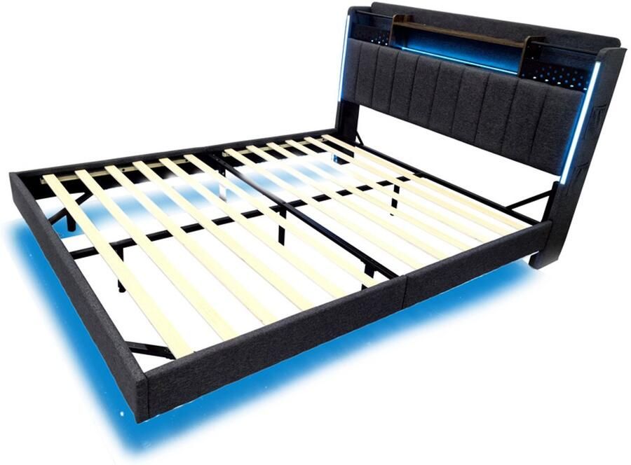 Hoomall Tweepersoonsbed gestoffeerd bed multifunctioneel bed 140x200cm zonder matras met kleurveranderende LED-verlichting en oplaadpoorten hoofdbord met opbergruimte verborgen poten voor zwevend effect Grijs