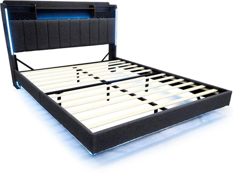 Hoomall Tweepersoonsbed gestoffeerd bed multifunctioneel bed 160x200cm zonder matras met kleurveranderende LED-verlichting en oplaadpoorten hoofdbord met opbergruimte verborgen poten voor zwevend effect Grijs