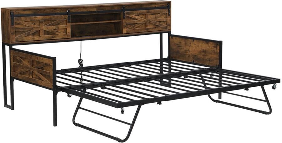 Hoomdoc Eenpersoons slaapbank 90 180x200 cm zonder matras met uitschuifbaar bed meerdere opbergvakken en multifunctioneel stopcontact stevig metalen frame modern strak ontwerp geschikt voor slaapkamer en woonkamer Houtkleur