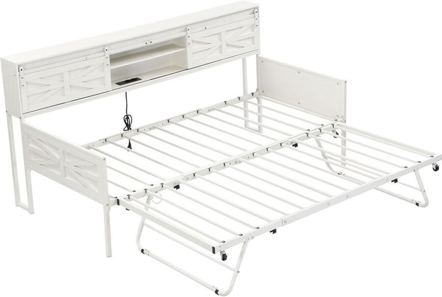 Hoomdoc Eenpersoons slaapbank 90 180x200 cm zonder matras met uitschuifbaar bed meerdere opbergvakken en multifunctioneel stopcontact stevig metalen frame modern strak ontwerp geschikt voor slaapkamer en woonkamer wit