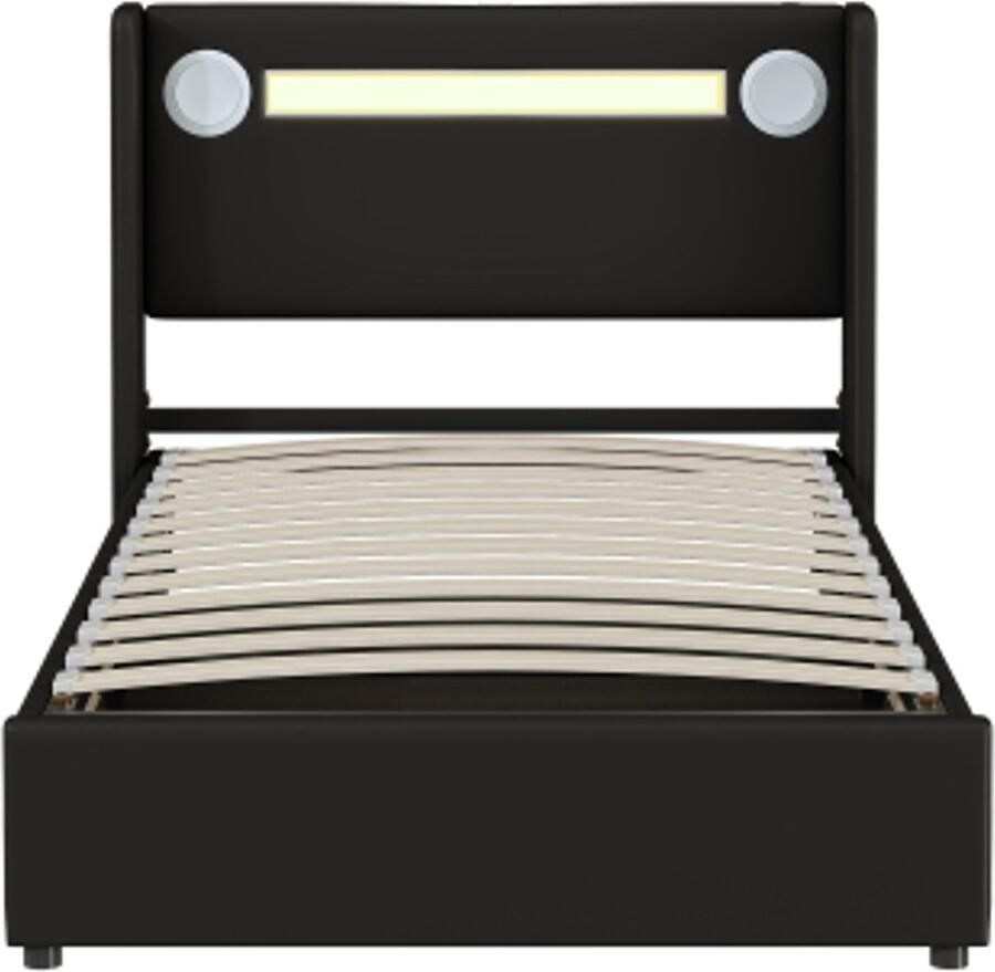 Hoomdoc Gestoffeerd bed kinderbed 90x200 bed met LED-lichtbalk Bluetooth-speler en USB-opladen PU-lederen opbergbed jeugdbed met lattenbodem