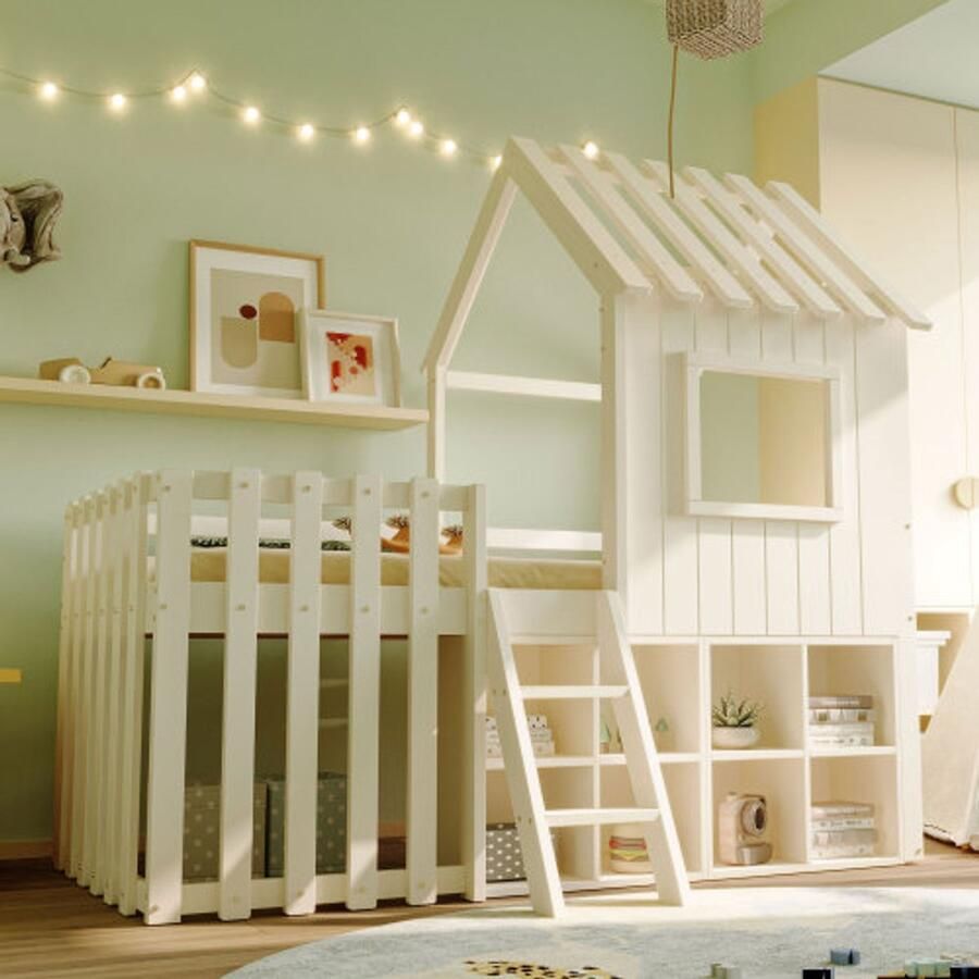 Merlooks Kinderbed huisbed 90x200 met dak en raam met open opbergruimte met klimladder massief houten kinderstapelbed zonder matras wit