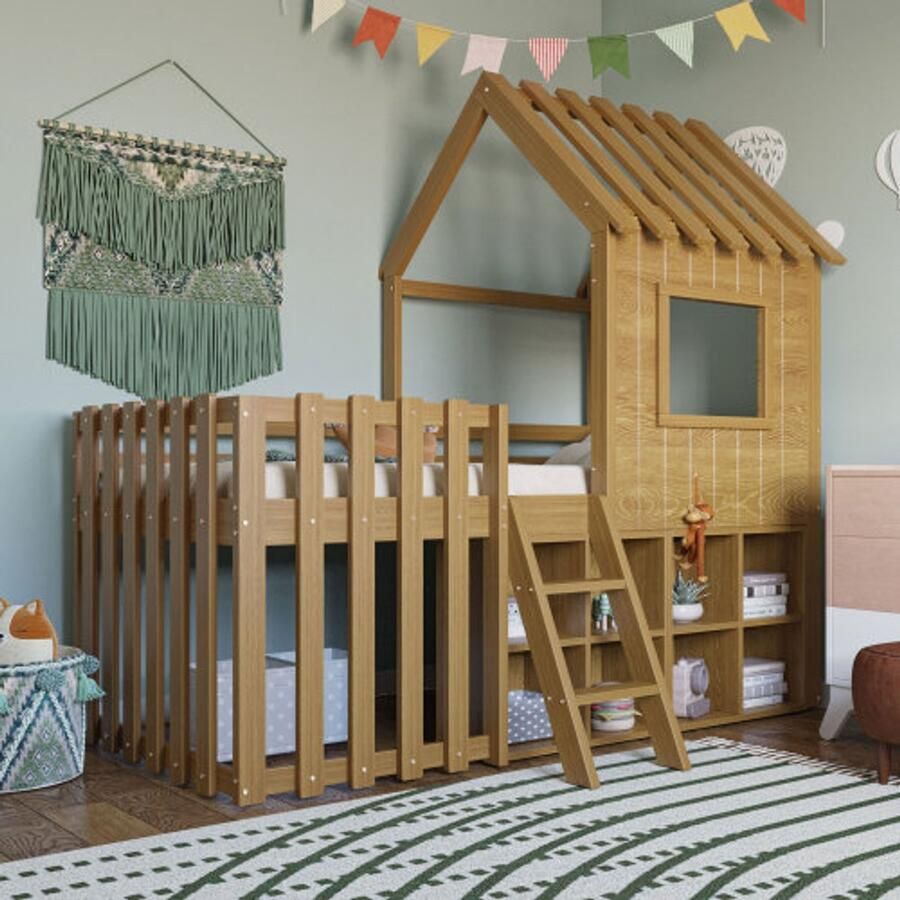 Hoomdoc Kinderhuisbed 90x200 met dak en raam met open opbergruimte met klimladder massief houten kinderstapelbed zonder matras houtkleur