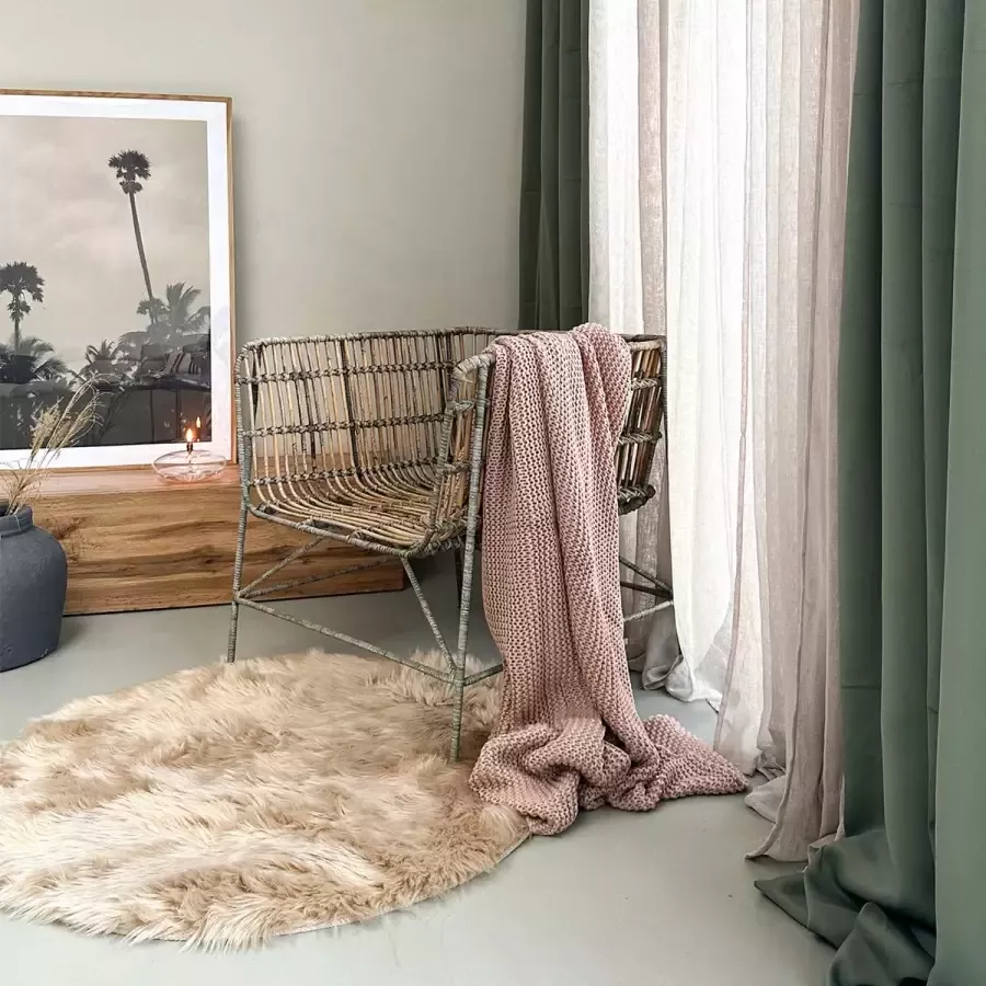 HOOMstyle Moederdag Cadeau Gebreid Plaid Deken Roze & Schapenvacht Vloerkleed Rond Ø95cm Caramel Moederdag 2-delig