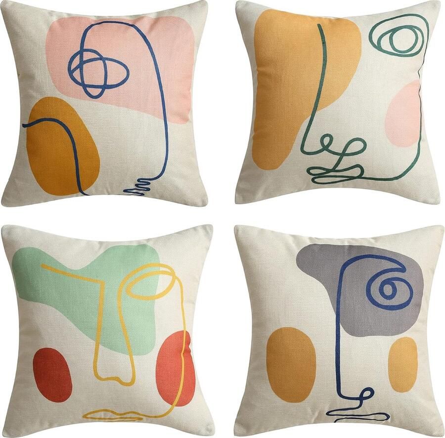 HOOMstyle Kussenhoezen 40 x 40 cm Abstract Minimalistisch Vrouw Gezichtslijn Decoratieve Kussenhoezen Boho Geschenken Moderne Schilderkunst voor Thuis Kamer Bed Sofa Decor Rood Roze Groen Bruin Geel Grijs Set van 4