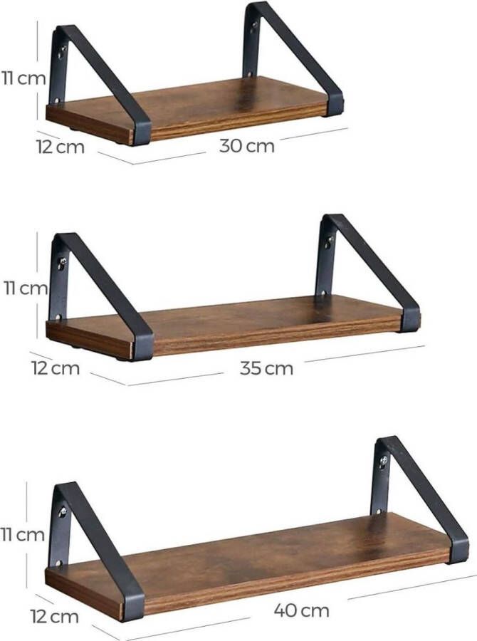 Hoppa! 3 Wandplanken Zwart Bruin Metaal 40 35 30 x 12 x 11 cm (LxDxH)