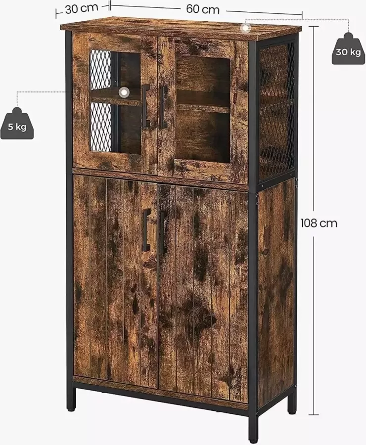 Hoppa! badkamermeubel dressoir opbergkast verstelbare plank stalen frame voor woonkamer keuken industriële stijl vintage bruin-zwart