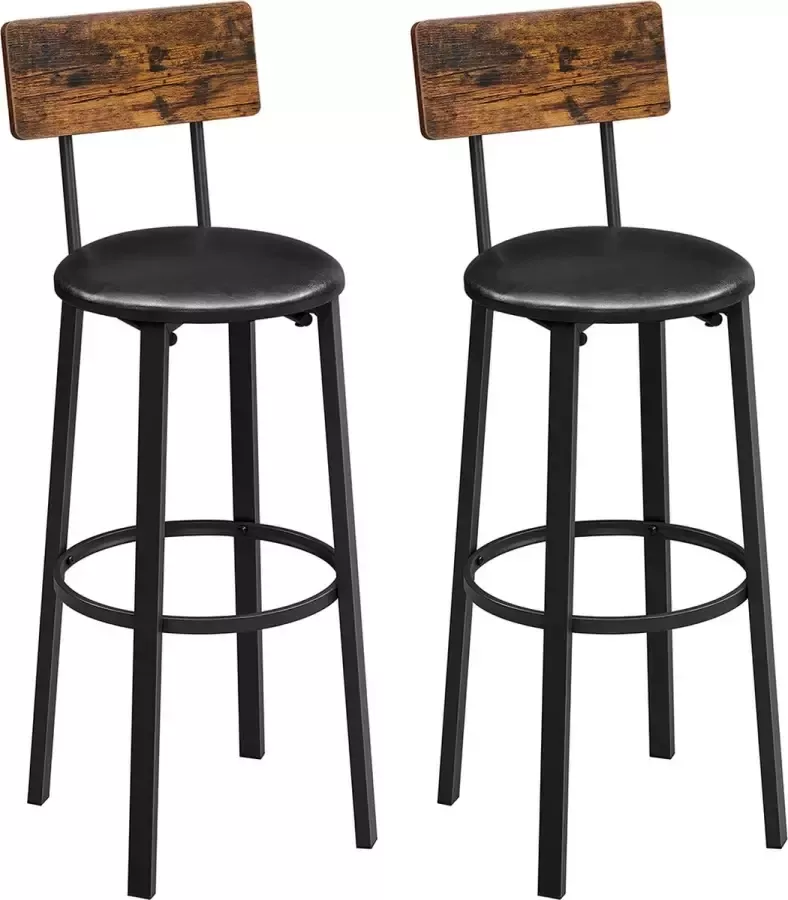Hoppa! barkruk set van 2 barkrukken 39 x 39 x 100 cm met voetsteun PU-deksel eenvoudige montage voor eetkamer keuken balie bar vintage bruin-zwart