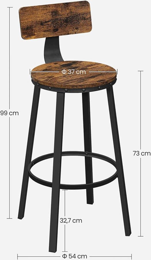 Hoppa! barkruk set van 2 barstoelen keukenstoelen met stevig metalen frame zithoogte 73 cm eenvoudige montage industrieel design vintage bruin-zwart