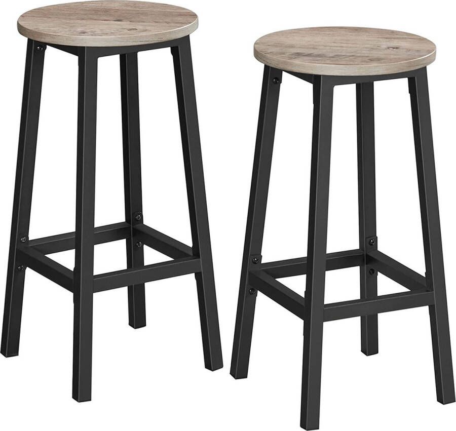 Hoppa! barkruk set van 2 barstoelen keukenstoelen met stevig stalen frame hoogte 65 cm rond eenvoudig te monteren industriële stijl grijs-zwart