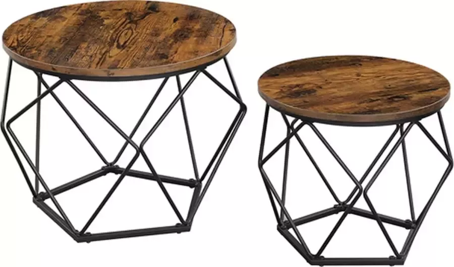 Hoppa! Bijzettafel set van 2 salontafels banktafel met mandfunctie gedekte tafel geometrisch stalen frame voor woonkamer slaapkamer vintage bruin-zwart