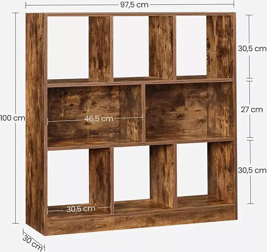 Vasagle Hoppa! boekenkast houten plank met open vakken vitrine voor woonkamer slaapkamer kinderkamer en kantoor 97 5 x 100 x 30 cm (L x B x H) vintage donkerbruine