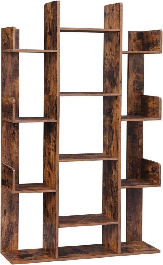 Hoppa! Boekenkast vormige boekenplank in de vorm van een boom staande plank met 13 vakken opbergrek 86 x 25 x 140 cm met afgeronde hoeken vintage bruin