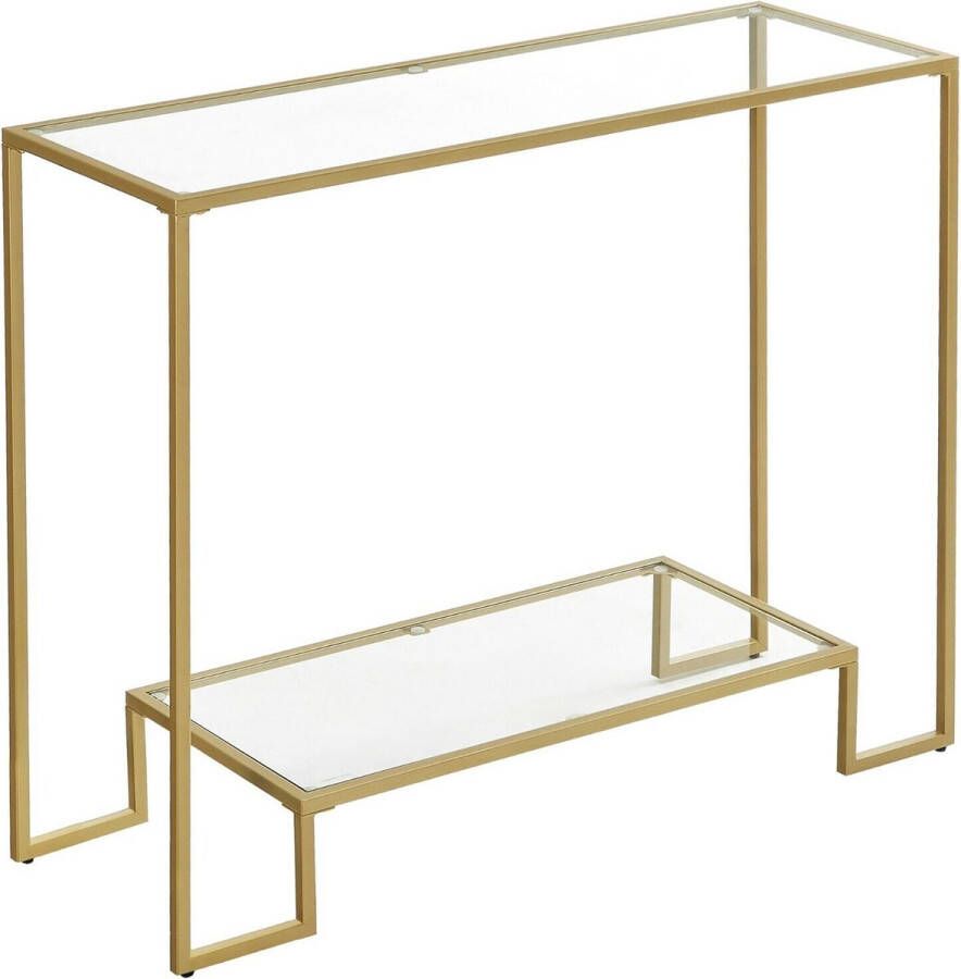Hoppa! Consoletafel tafel van gehard glas moderne bank of bijzettafel metalen frame 2 planken verstelbare poten voor woonkamer hal goudkleur
