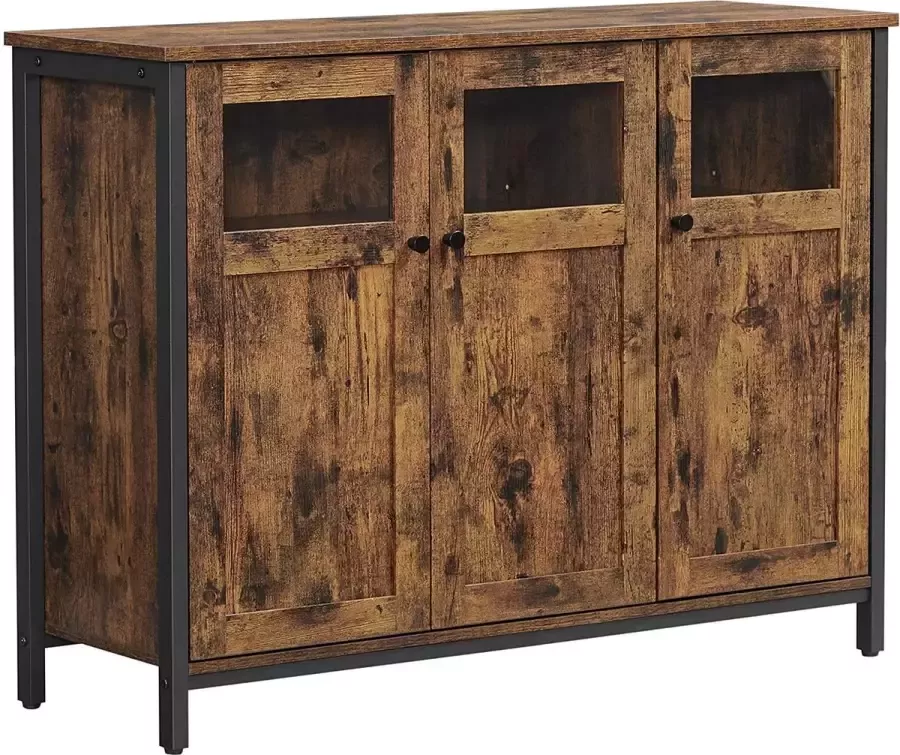 Hoppa! dressoir keukenkast opbergkast met glazen deuren voor woonkamer keuken eetkamer stalen frame industriële stijl vintage bruinzwart